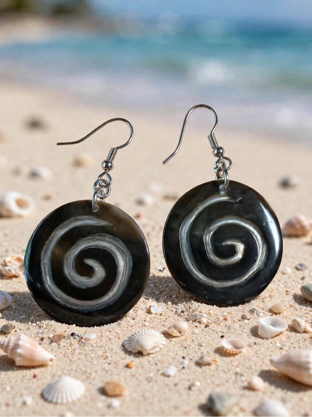 Black Spiral Shell Drop Earrings — Elegant Beach-Inspired Style